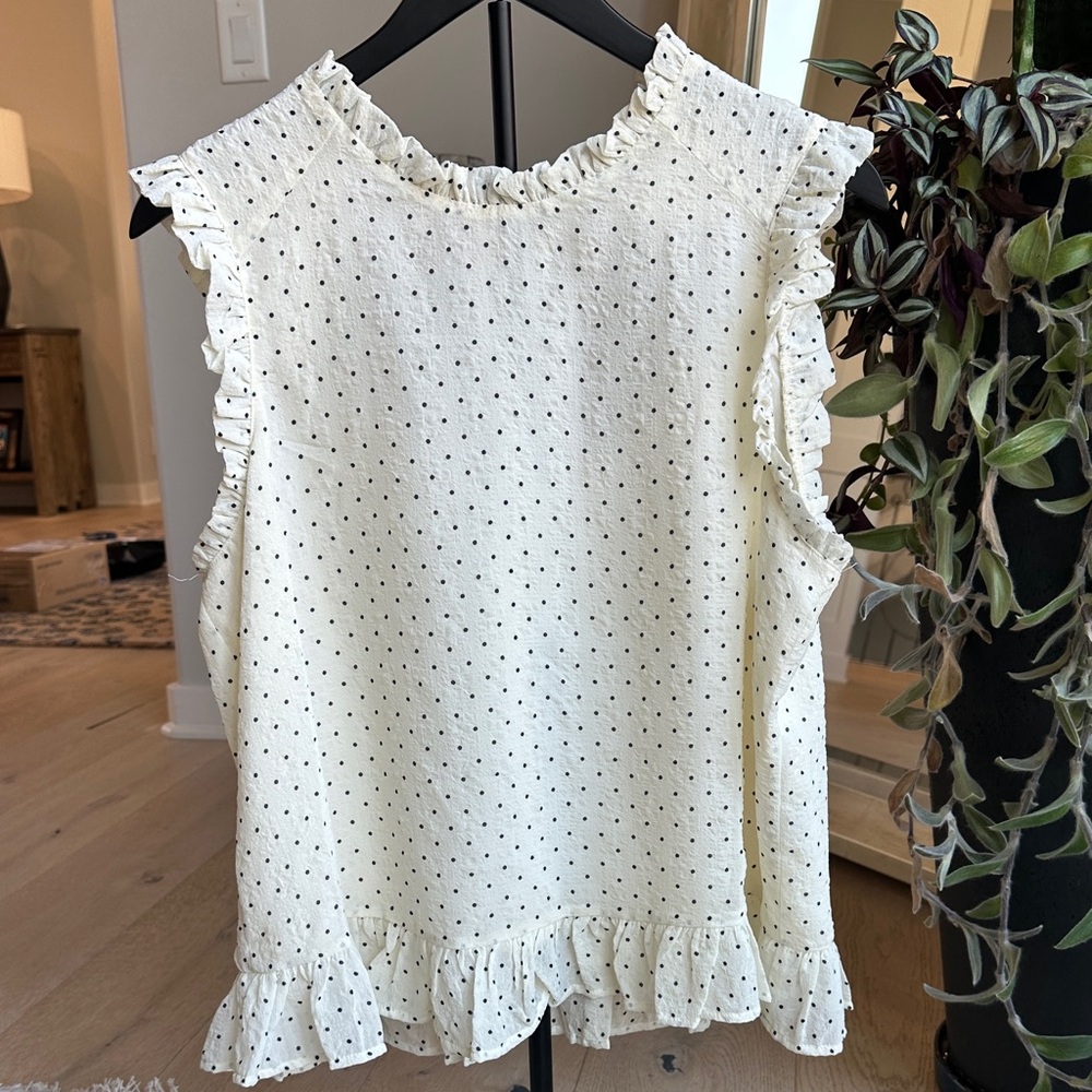 Pleione Cream Polka Dot Ruffle Trim Sleeveless Top